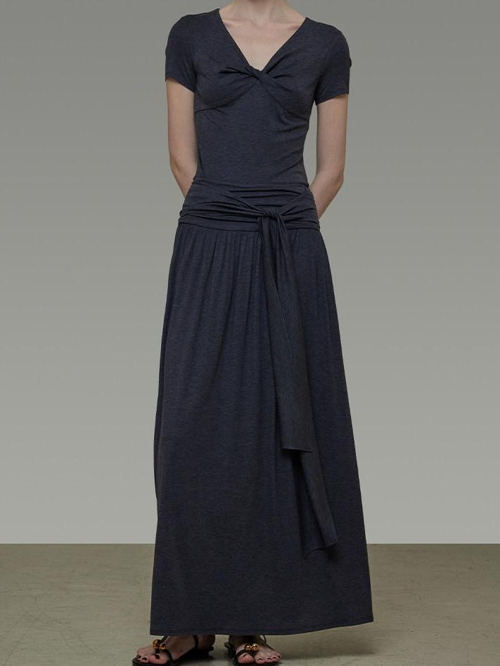 unspoken Lyocell Blend V-neck Slim Fit Minimal Workwear Women Solid Color Maxi Dresses