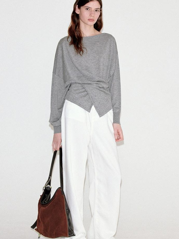 fano Soft Wool Blend Relaxed Loose Batwing Boat Neck Womens Knit Sweaters
