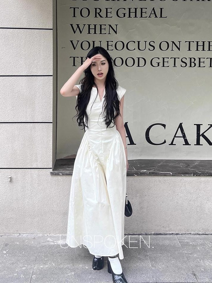 unspoken High Waist Colorblock V-neck Sleeveless Workwear A Line Cotton Maxi Dresses