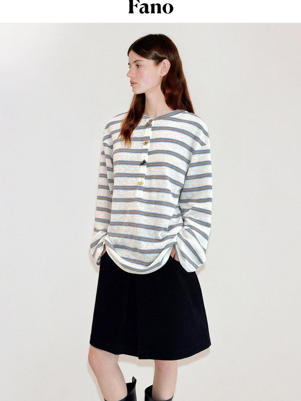 fano Cotton Blend Relaxed Loose Round Neck Women Striped Long Sleeve T-Shirts