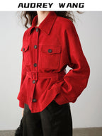 audreyyang Premium Lambskin Loose Fit Lapel Button Women Chinese Red Cropped Jackets