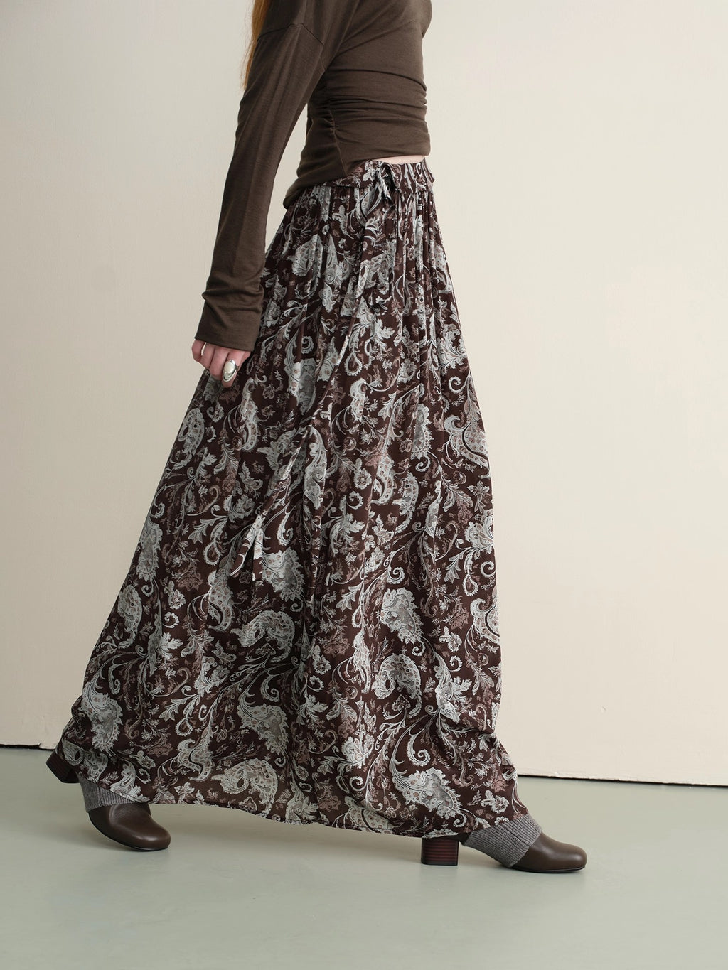 someonesometimes Lace Paisley Tie Mid Waist Relaxed H Line Casual Vacation Ladies Maxi Skirts