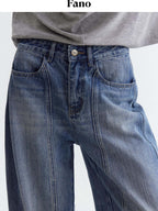fano Breathable Cotton Natural Waist Relaxed Pocketed Casual Blue Straight Leg Jeans