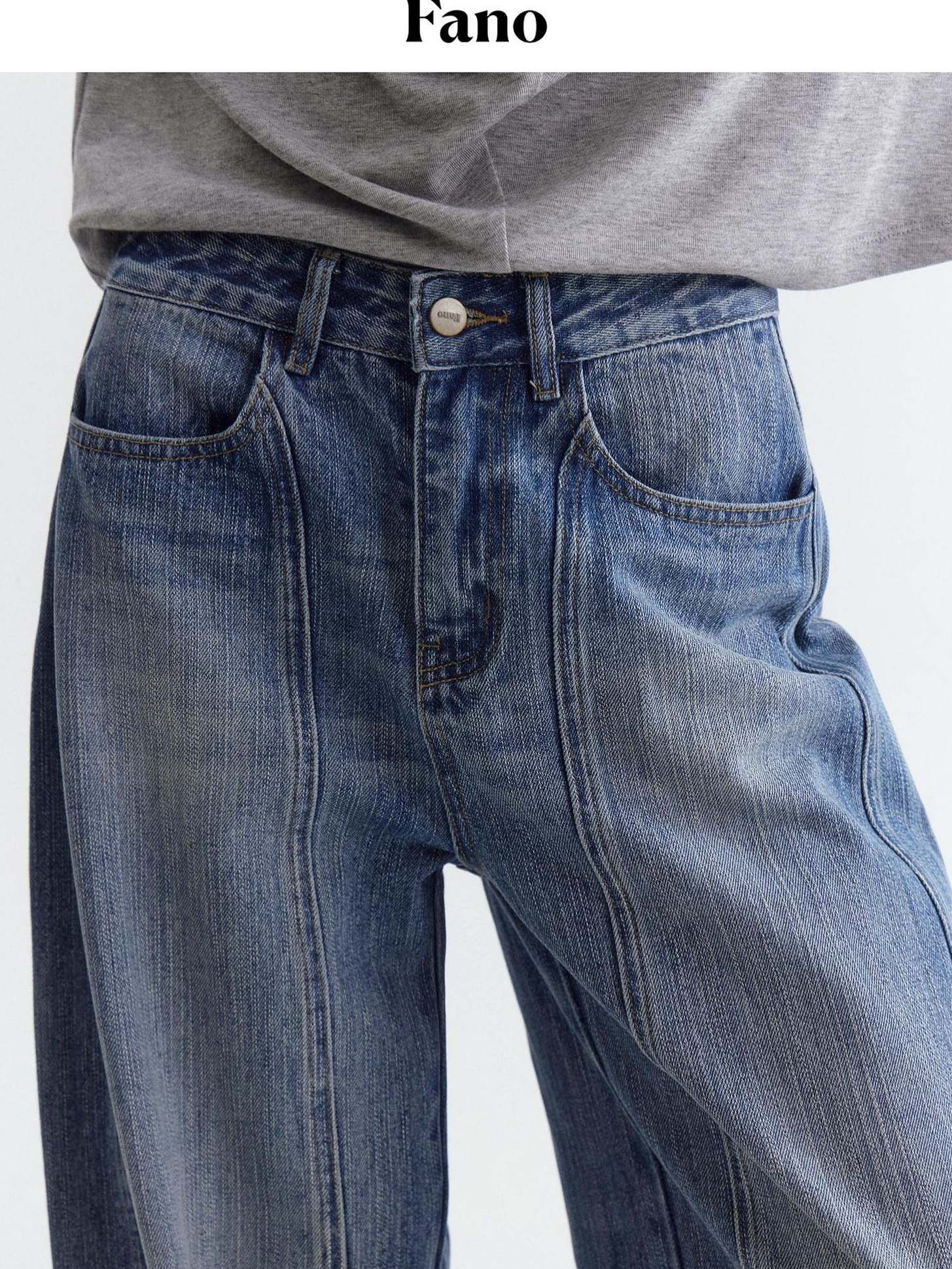 fano Breathable Cotton Natural Waist Relaxed Pocketed Casual Blue Straight Leg Jeans