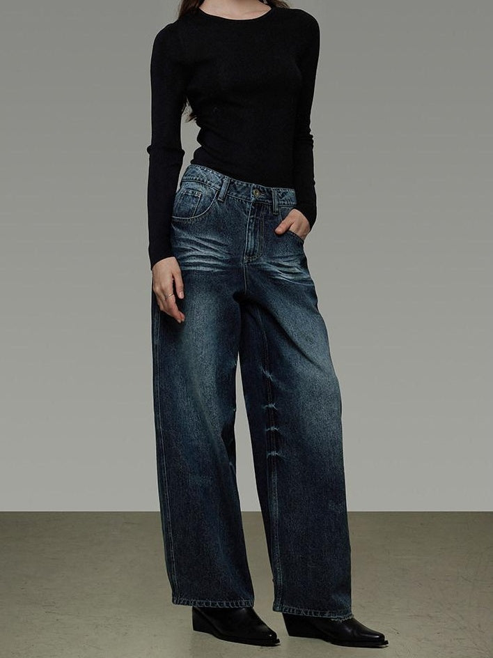 unspoken Washed High Waist Durable Workwear Vintage Blue Button Fly Rigid Wide Leg Jeans