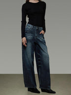 unspoken Washed High Waist Durable Workwear Vintage Blue Button Fly Rigid Wide Leg Jeans