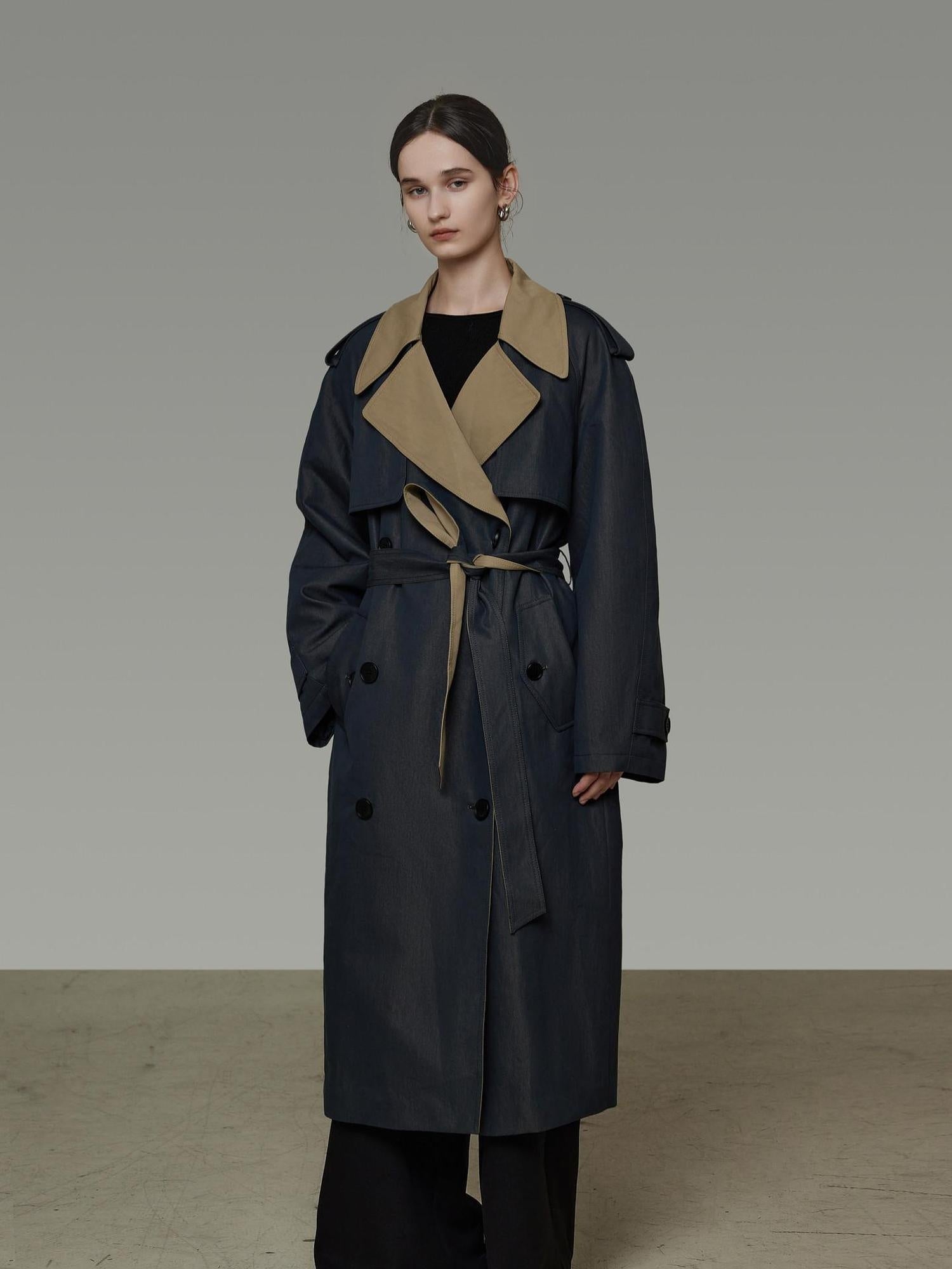 unspoken Navy Cotton Denim Double Breasted Loose Fit Commuter Women Trench Coats