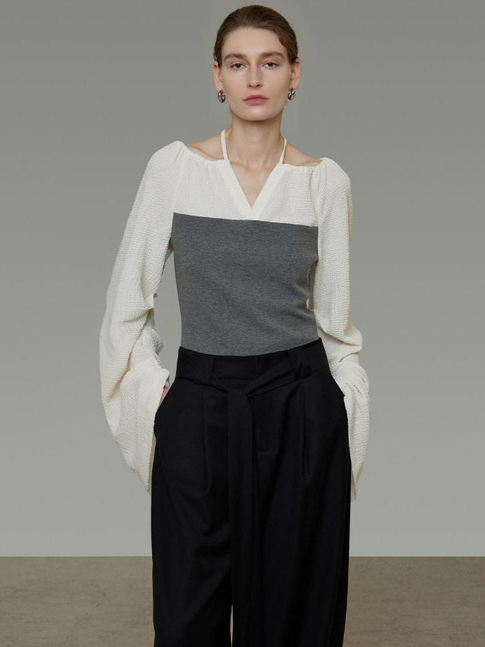 unspoken Breathable Cotton Contrast V-neck Loose Longsleeve Tie Front Women Blouses