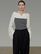 unspoken Breathable Cotton Contrast V-neck Loose Longsleeve Tie Front Women Blouses