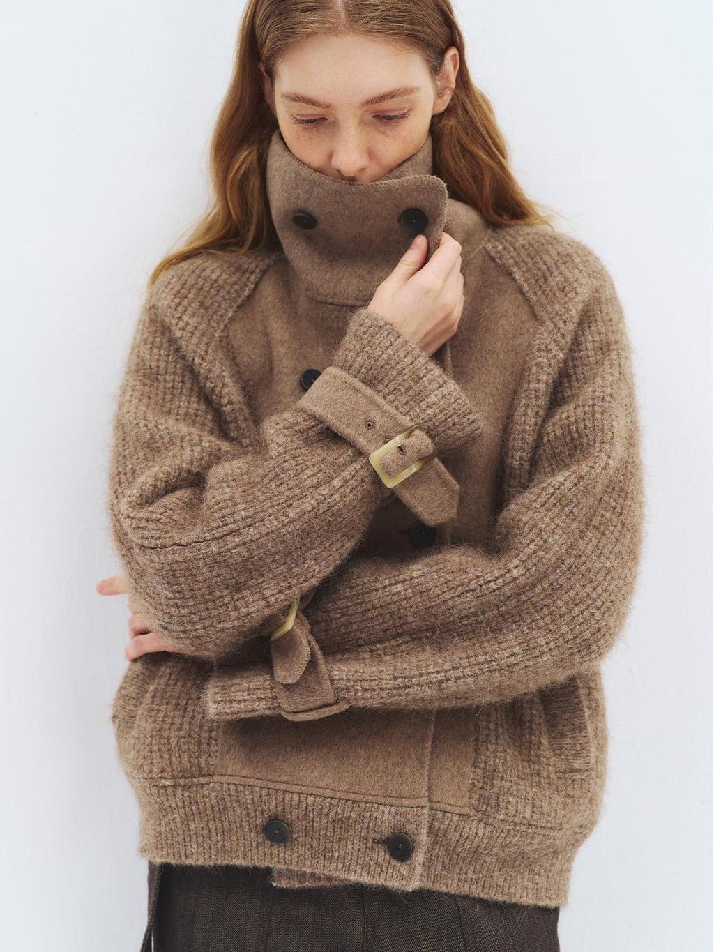 someonesometimes Alpaca Blend Double Breasted Casual Loose Fit Women Lapel Dusty Camel Short Coat