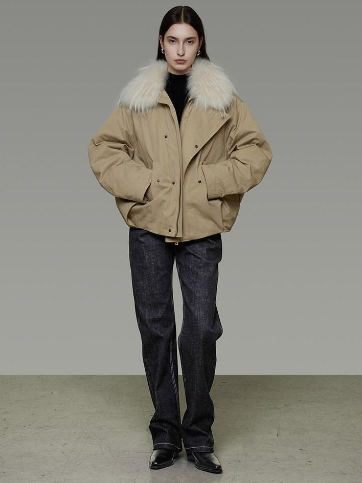 unspoken 90% White Duck Down Fur Collar Loose Commuter Khaki Zip Lapel Down Jackets