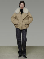 unspoken 90% White Duck Down Fur Collar Loose Commuter Khaki Zip Lapel Down Jackets