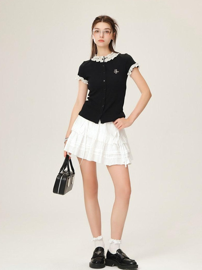 ikyou Cotton Stretch Slim Polka Dot Ruffle Women Short Sleeve Buttoned Knit Cardigans