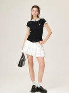 ikyou Cotton Stretch Slim Polka Dot Ruffle Women Short Sleeve Buttoned Knit Cardigans