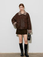 ikyou Thick Pu Leather Embroidered Zip Pocket Oversized Korean Brown Cropped Jackets