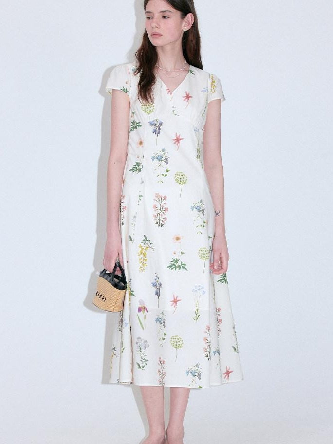 fano Cotton High Waist A Line V-neck Short Sleeve Floral Ivory Korean Maxi Dresses