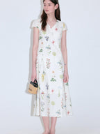 fano Cotton High Waist A Line V-neck Short Sleeve Floral Ivory Korean Maxi Dresses