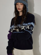 Lofi choose Cozy Thick Knit Pullover Loose Fit Commuter Crew Neck Navy Sweaters