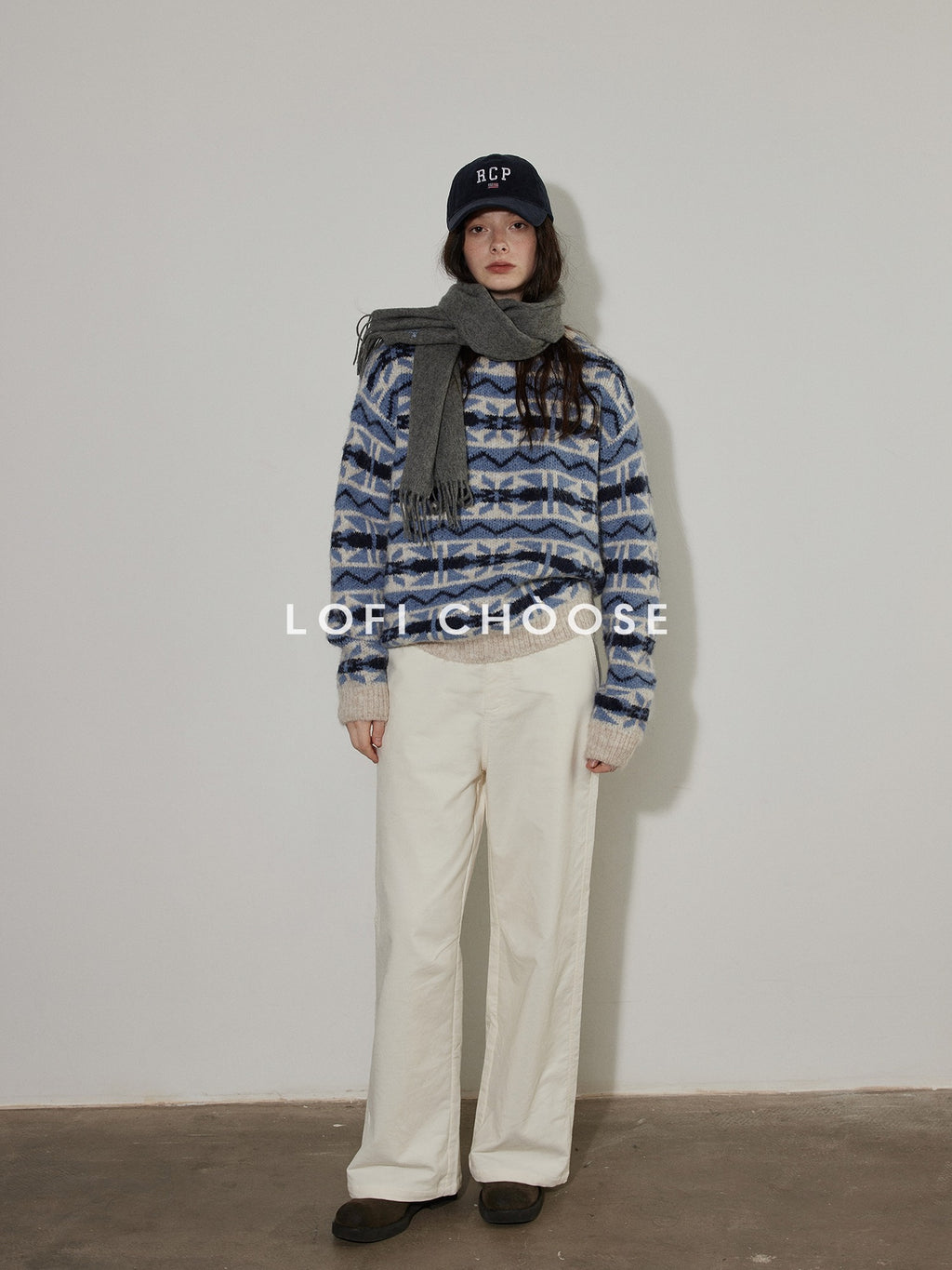 Lofi choose Thick Wool Blend Pullover Relaxed Fit Office Ready Crew Neck Blue Knitwear