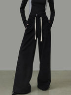 unspoken High Waist Drawstring Pockets Minimalist Workwear For Women Black Wide Leg Pants