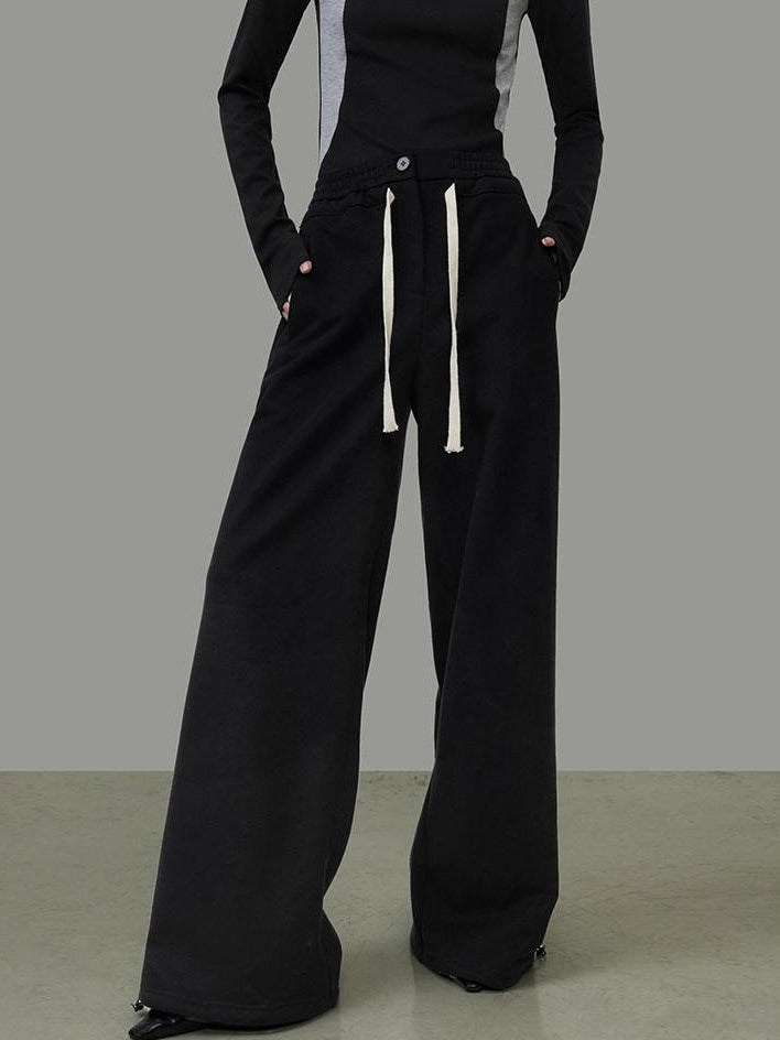 unspoken High Waist Drawstring Pockets Minimalist Workwear For Women Black Wide Leg Pants