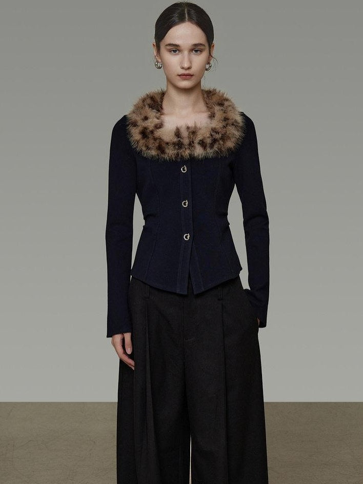 unspoken Warm Fur Collar Slim Cropped Workwear Women Cotton Leopard Navy Cardigans