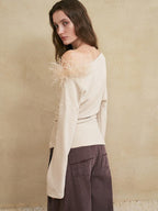 someonesometimes 3D Embellished Asymmetrical Neck Slim Crop Knit Wool Blend Sweaters