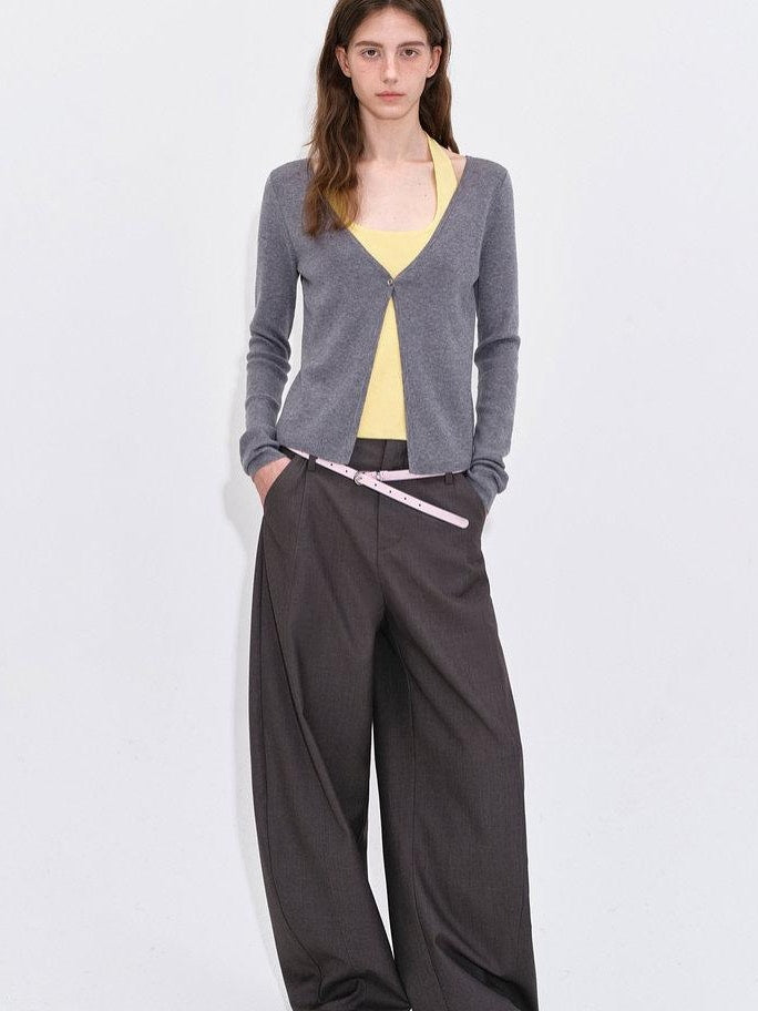 fano Soft Breathable Korean V-neck Slim Faux Layered Colorblock Cardigans
