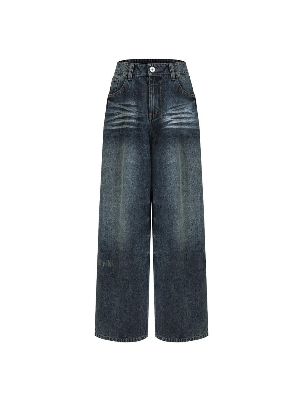 unspoken Washed High Waist Durable Workwear Vintage Blue Button Fly Rigid Wide Leg Jeans