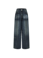 unspoken Washed High Waist Durable Workwear Vintage Blue Button Fly Rigid Wide Leg Jeans