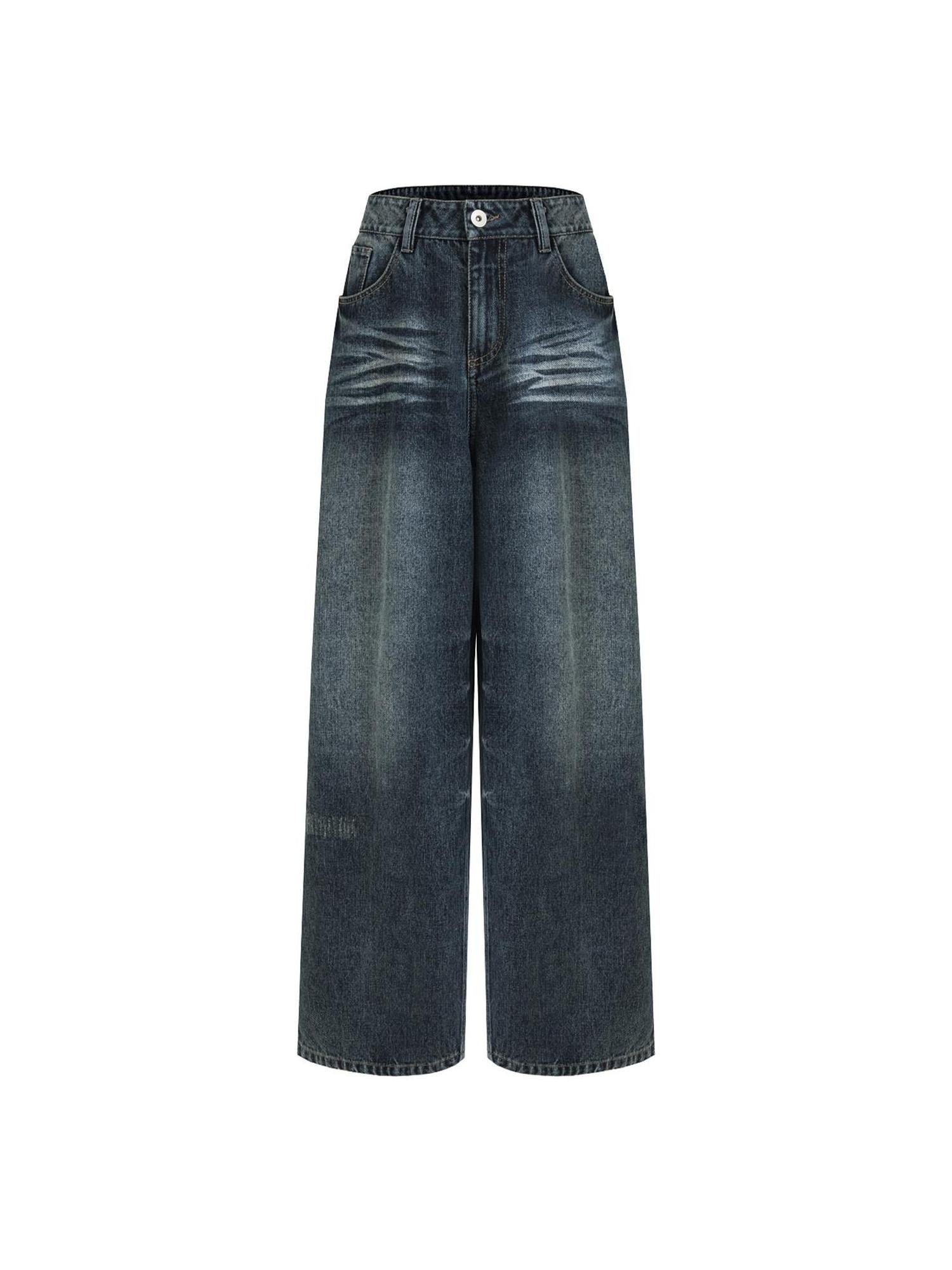 unspoken Washed High Waist Durable Workwear Vintage Blue Button Fly Rigid Wide Leg Jeans