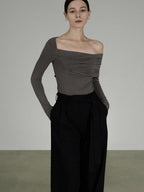 unspoken Slim Ruched Office Knit Long Sleeve Women Sage Green Off Shoulder Crop Tops