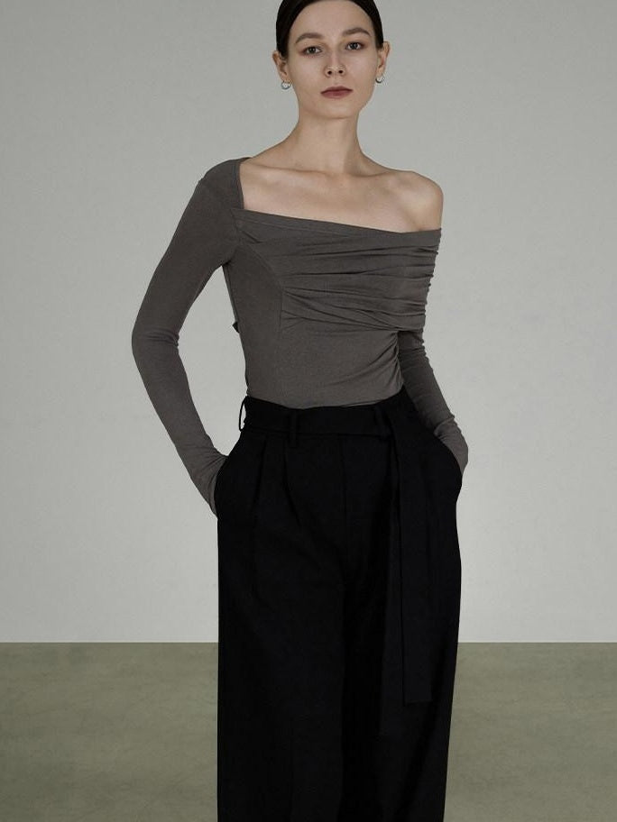 unspoken Slim Ruched Office Knit Long Sleeve Women Sage Green Off Shoulder Crop Tops