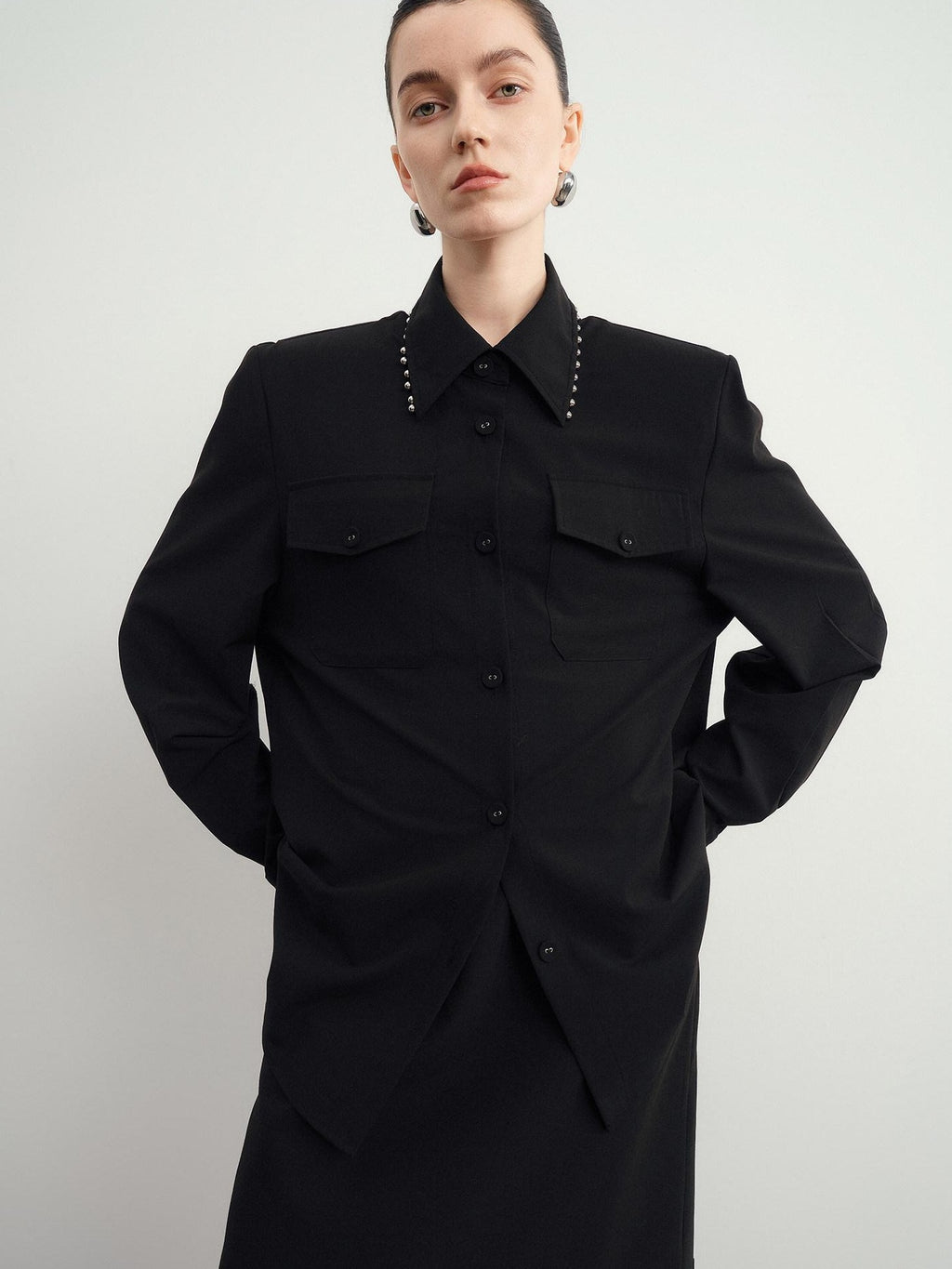 Original Loose Lapel Long Sleeve Open Front Patch Pocket Women Solid Blouses