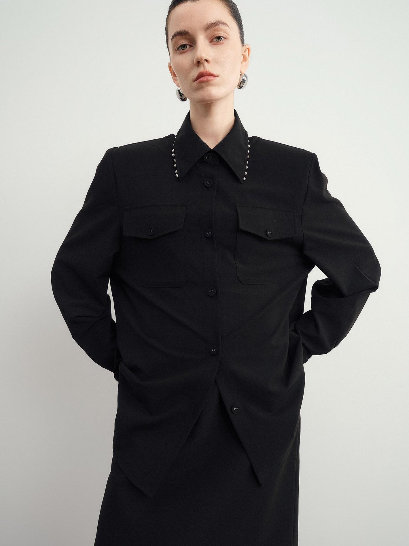 Original Loose Lapel Long Sleeve Open Front Patch Pocket Women Solid Blouses