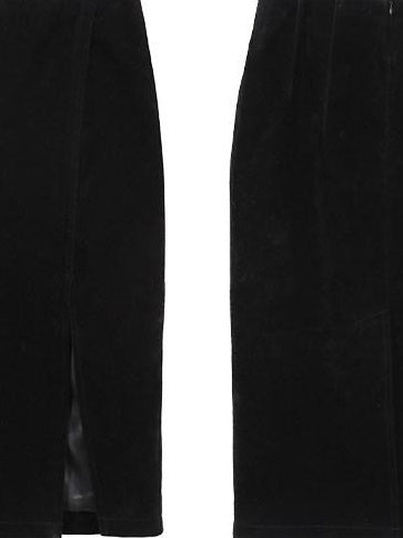 audreyyang Silky Polyester Blend Back Slit Slim Pencil Mid Rise Women Black Midi Skirts