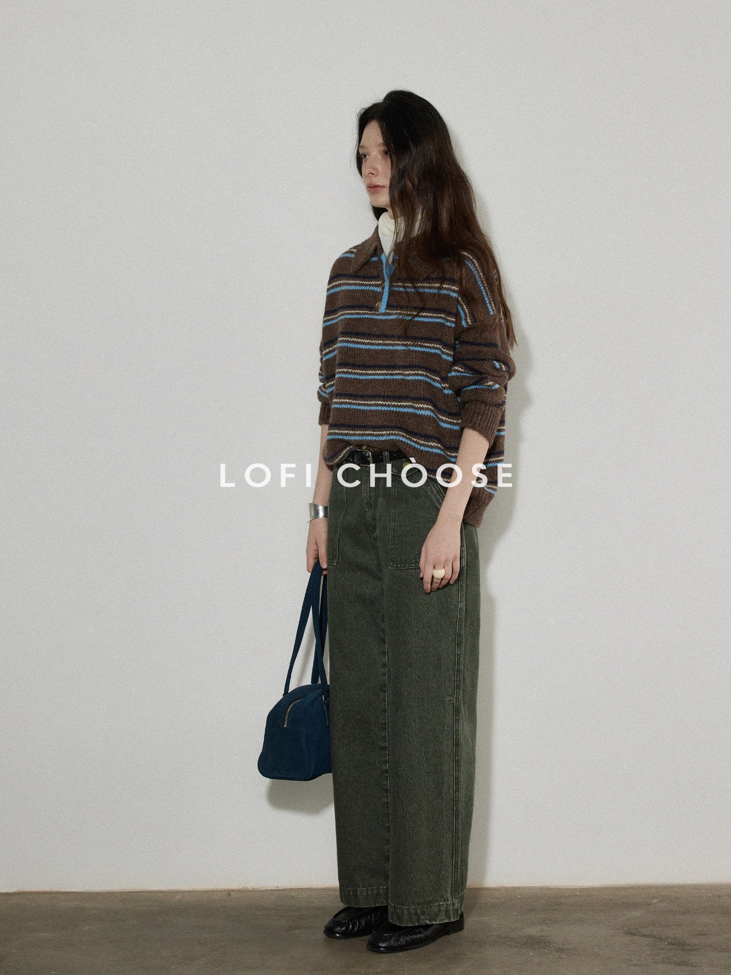 Lofi choose Cozy Colorblock Collared Oversized Striped Button Knit Pullover Women Sweaters
