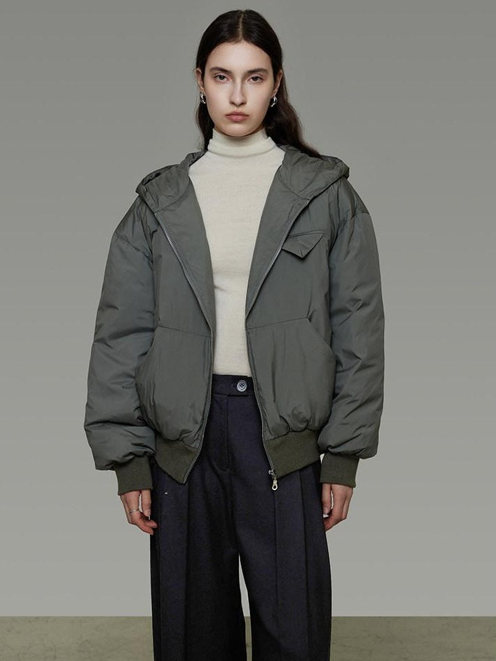 unspoken 90 White Duck Down Warm Loose Hooded Commuter Women Deep Gray Green Down Jackets
