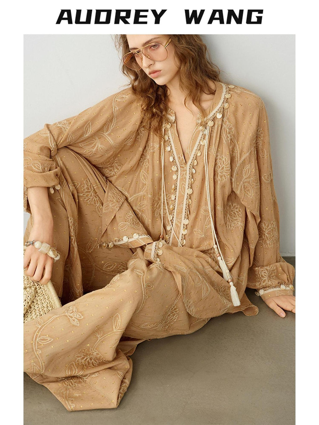 audreyyang Breathable Pure Cotton Floral Natural Waist Relaxed Women Khaki Wide Leg Pants