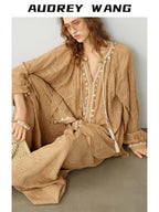 audreyyang Breathable Pure Cotton Floral Natural Waist Relaxed Women Khaki Wide Leg Pants