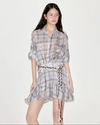 fano Plaid Korean Workwear A Line Natural Waist Mid Sleeve Khaki Midi Dresses