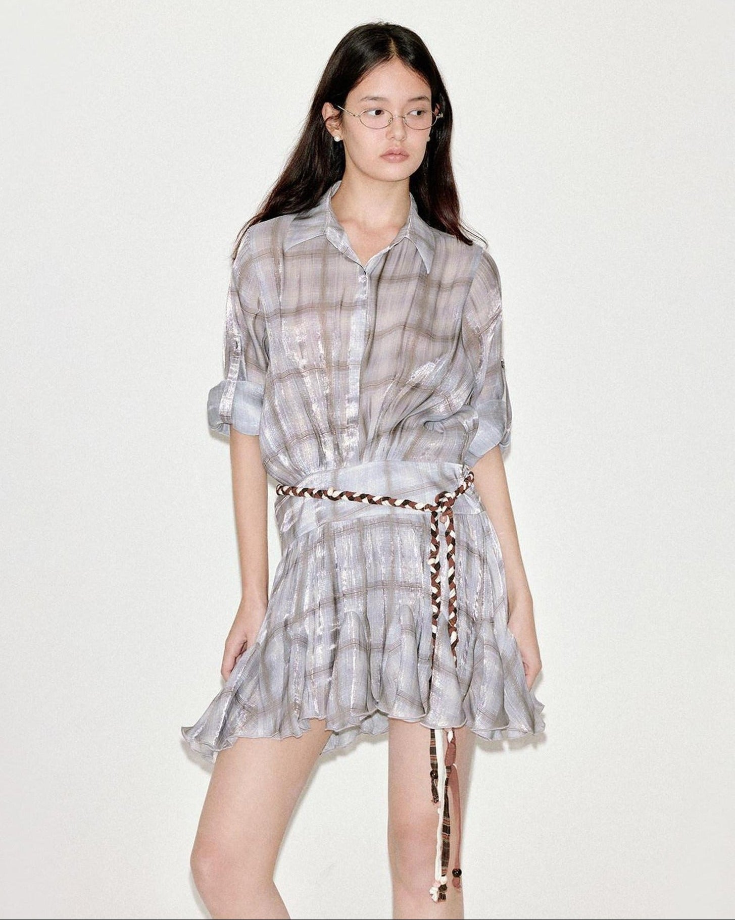 fano Plaid Korean Workwear A Line Natural Waist Mid Sleeve Khaki Midi Dresses