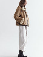 fano Comfortable Colorblock Stand Collar Zip Loose Fit Youth Camel Cropped Jackets