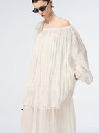 audreyyang Linen Long Sleeve Retro Loose Round Neck Women Ankle Pants Top & Skirt Sets
