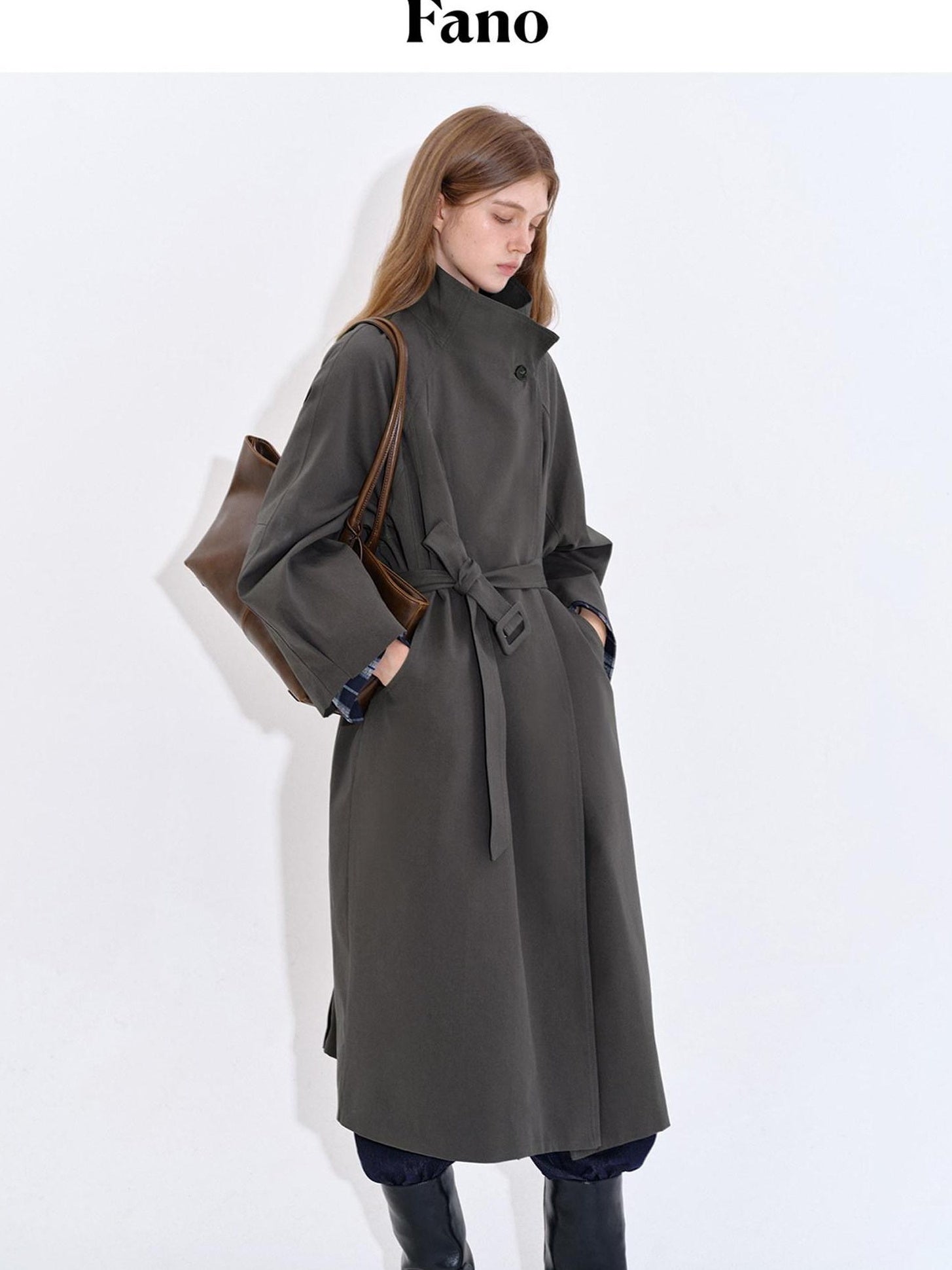 fano Cotton Lyocell Mid Length Single Breasted Straight Women Brown Trench Coats