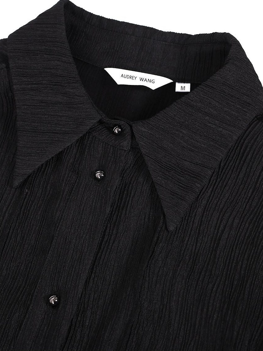 audreyyang Shape Retention Viscose Blend Loose Collared Button Women Black Top & Pants Sets