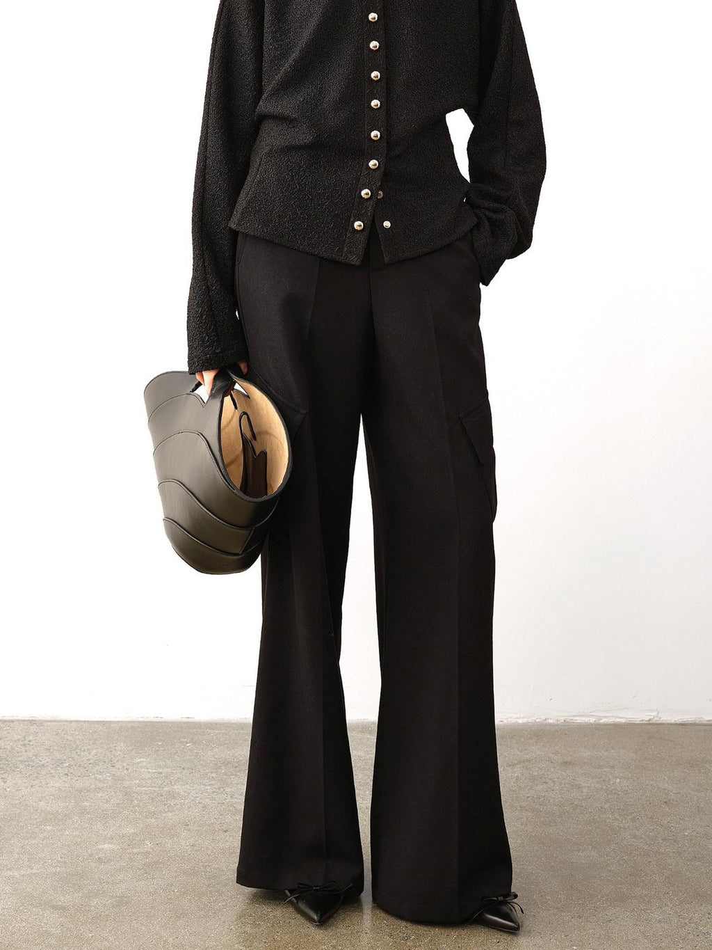 audreyyang High Waist Korean Workwear Black Polyester Viscose Wide Leg Pants