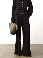 audreyyang High Waist Korean Workwear Black Polyester Viscose Wide Leg Pants