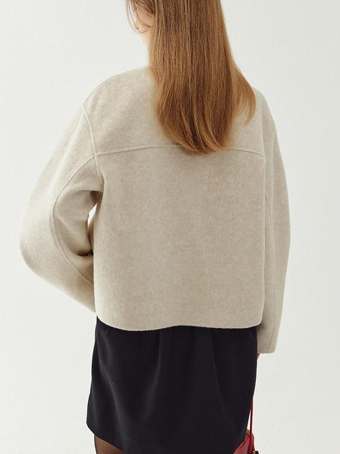 fano Wool Blend Minimal Single Breasted Vneck Pockets Women Cropped Jackets