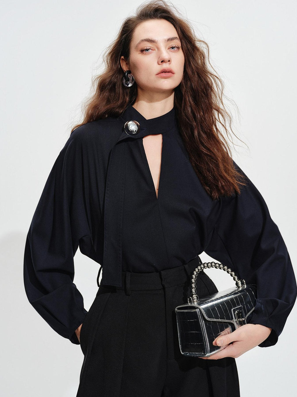audreyyang Shape Retaining Loose Long Lantern Sleeve Pullover Navy Polyester Women Blouses
